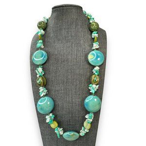Ceramic Stone Mother Of Pearl Teal Green Beaded Necklace Hook Clasp 24.5”-27”